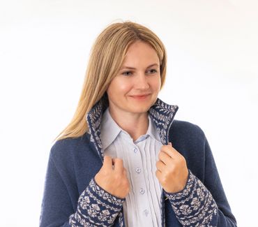 Pezzo D'oro Damenstrickmantel,nachtblau,Strick mit Jacquardbordüre,Doppelstrick,made in Bayern Jubiläumsangebot