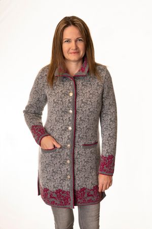 Pezzo D'oro Pezzo D&#039;oro Damenstrickmantel,Grautöne mit dunkelpinken Akzenten, nachhaltig produziert,made in Bayern, Merinowolle Exklusive Angebote