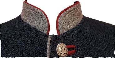 Pezzo D'oro Herren Trachtenstrickjacke blaumelange mit grauem Loden abesetzt, roter Paspel Günstig kaufen