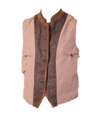 Pezzo D'oro Herren Trachtenweste Tweed hellgrau/dunkelgrau Lederkragen/Paspel, Karofutter Versandkostenfrei