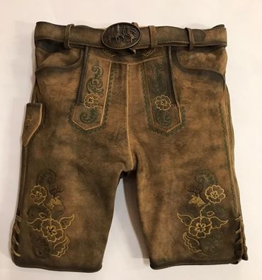Pezzo D'oro Herrentrachtenlederhose kurz,braun antik finish,beige/grün bestickt,Größe 50 Begrenztes Angebot