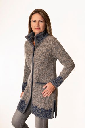 Pezzo D'oro Pezzo D&#039;oro Strickmantel in grau/blau gemustert, reine Wolle, hergestellt in Bayern, dicker warmer Wollmantel für Outdoor Kauf eins, bekomm eins gratis