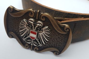Pezzo D'oro Trachtengürtel Österreichwappen, handgefertigt in Bayern, Antikleder dunkelbraun Bis zu 55% Rabatt