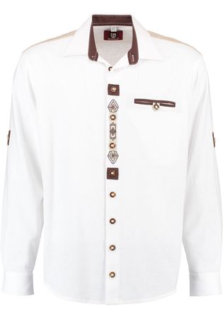 Pezzo D'oro Trachtenhemd Herren, weiß mit traditioneller Stickerei, Leinenoptik, Pattentasche, Leinenbesatz, Langarm Riesige Rabatte