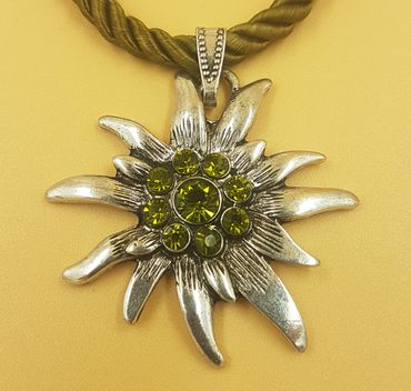 Pezzo D'oro Trachtenkette Edelweiß altsilber,grünes Kordelband und Glitzersteine Clearance-Verkauf