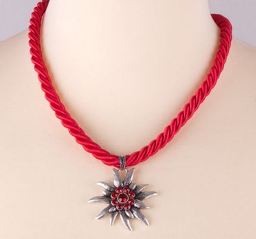 Pezzo D'oro Trachtenkette Kordelband rot ,Edelweißanhänger altsilber, rote Straßsteine Kostenloser Versand international
