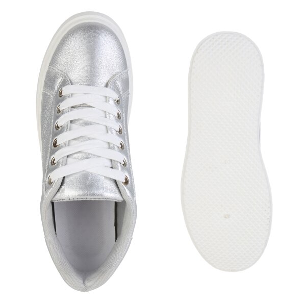 Stiefelparadies Damen Plateau Sneaker in Silber Große Rabatte