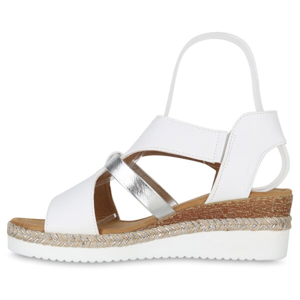Stiefelparadies Damen Keilsandaletten in Weiss Silber Metallic Zeitlich begrenztes Angebot