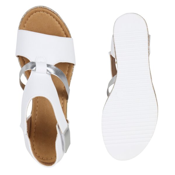 Stiefelparadies Damen Keilsandaletten in Weiss Silber Metallic Zeitlich begrenztes Angebot