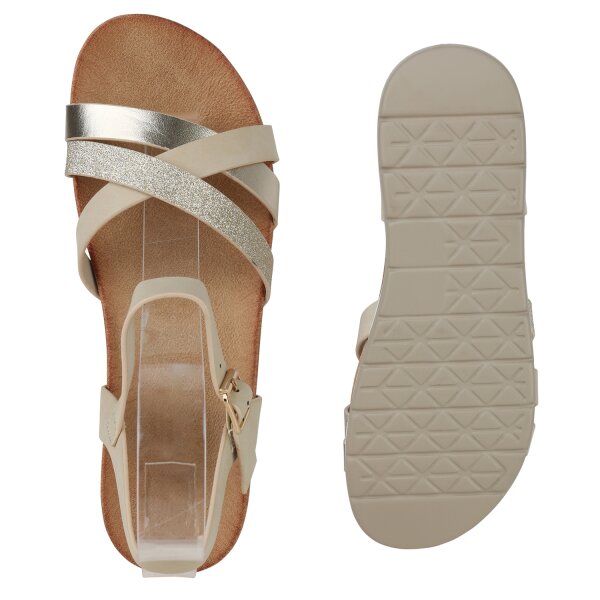 Stiefelparadies Damen Komfort Sandalen in Beige Metallic Super Sparpreis