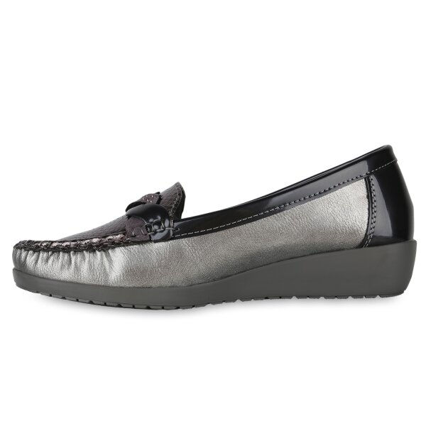 Stiefelparadies Damen Mokassins in Grau Silber Lack Discount Store für neue Produkte