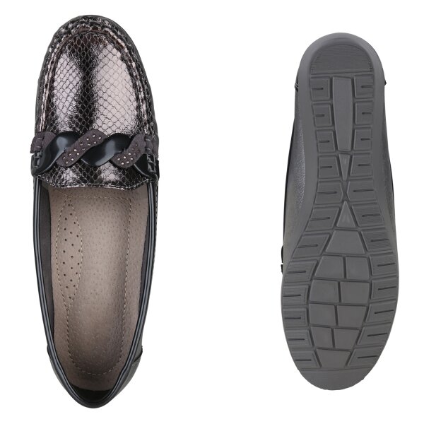 Stiefelparadies Damen Mokassins in Grau Silber Lack Discount Store für neue Produkte