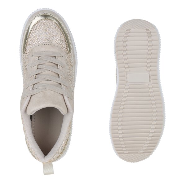 Stiefelparadies Damen Plateau Sneaker in Beige Metallic Black Friday