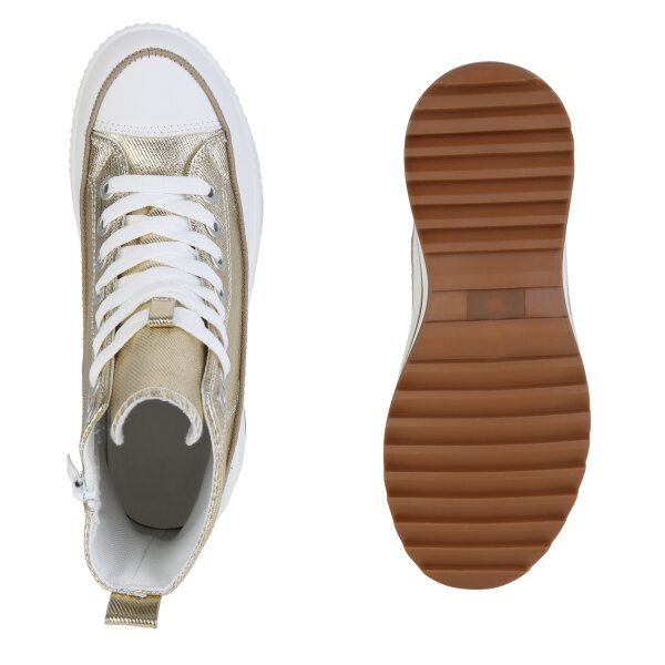 Stiefelparadies Damen Plateau Sneaker in Gold Weihnachtsangebot