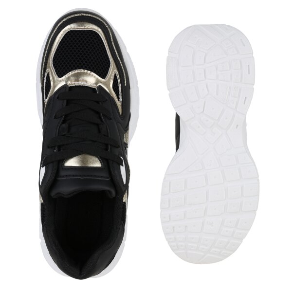 Stiefelparadies Damen Plateau Sneaker in Schwarz Gold Metallic Lagerräumung