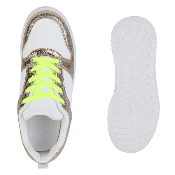 Stiefelparadies Damen Plateau Sneaker in Weiss Gold Snake Top Angebot