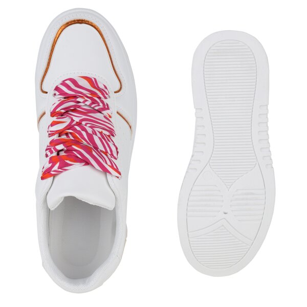 Stiefelparadies Damen Plateau Sneaker in Weiss Orange Metallic Neueste Mode