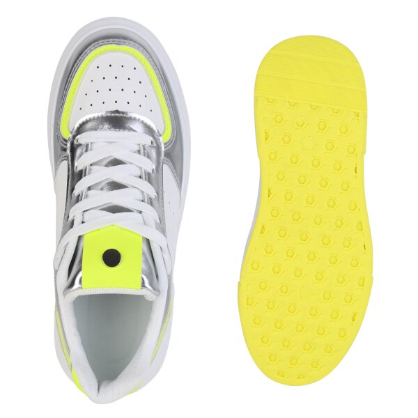 Stiefelparadies Damen Sneaker Low in Weiss Silber Metallic Auslauf