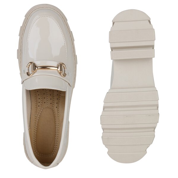 Stiefelparadies Damen Loafers in Beige Lack Jubiläumsangebot