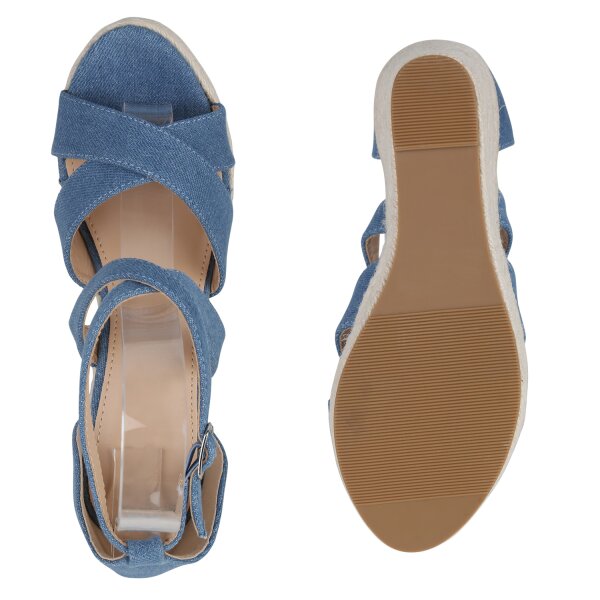 Stiefelparadies Damen Plateau Sandaletten in Blau Denim Cyber Monday