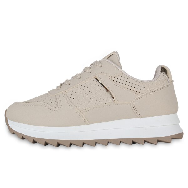 Stiefelparadies Damen Plateau Sneaker in Beige Gold Metallic Lagerräumung