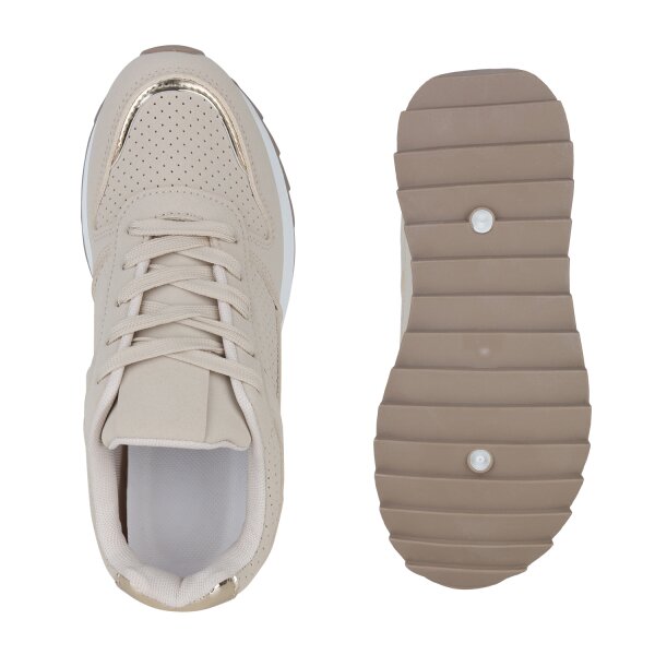 Stiefelparadies Damen Plateau Sneaker in Beige Gold Metallic Lagerräumung