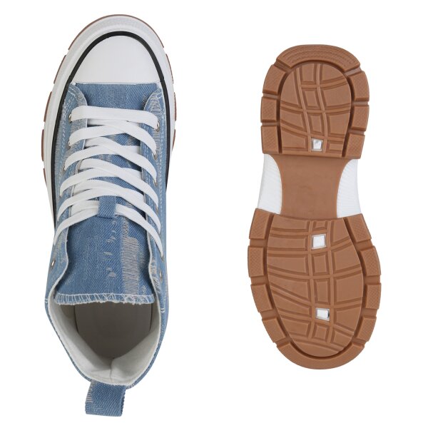 Stiefelparadies Damen Plateau Sneaker in Hellblau Denim Top Angebot