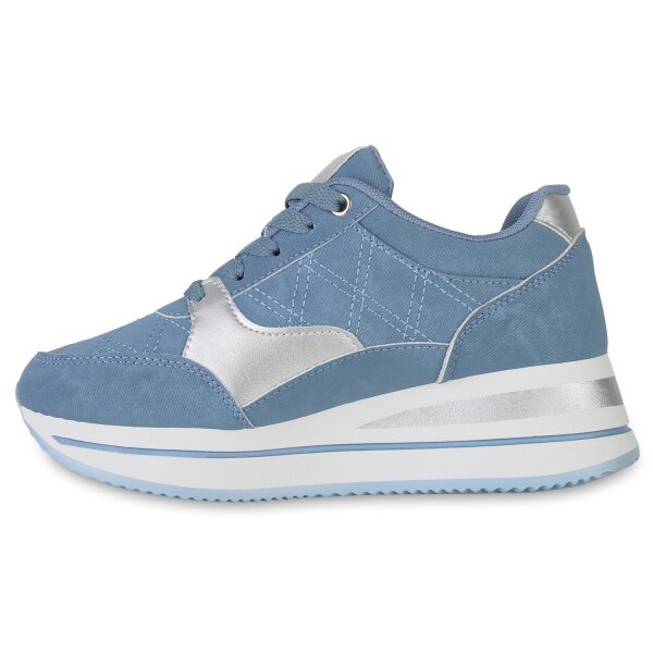 Stiefelparadies Damen Sneaker Wedges in Blau Silber Metallic zollfrei