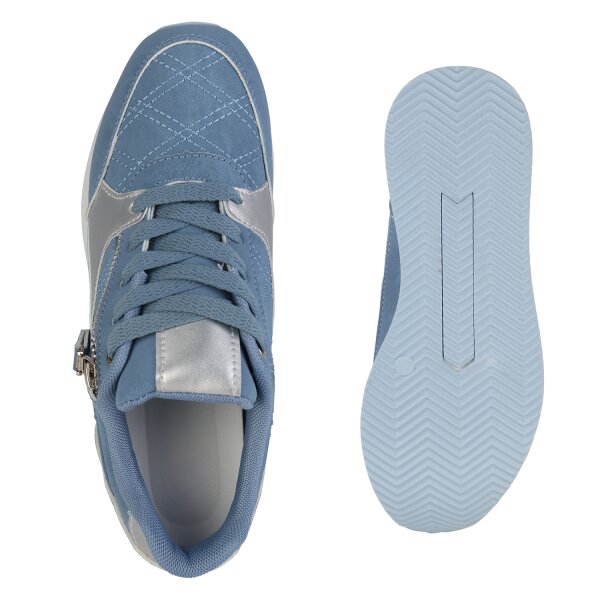 Stiefelparadies Damen Sneaker Wedges in Blau Silber Metallic zollfrei