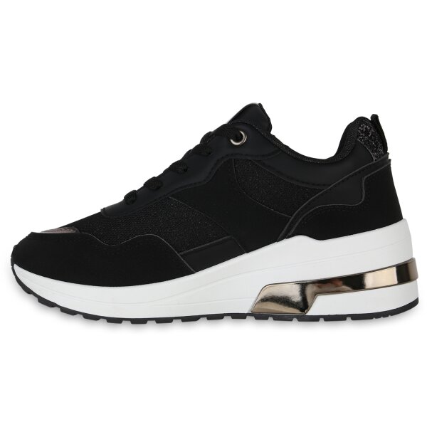 Stiefelparadies Damen Sneaker Wedges in Schwarz Grau Metallic 50% Rabatt für begrenzte Zeit
