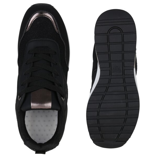 Stiefelparadies Damen Sneaker Wedges in Schwarz Grau Metallic 50% Rabatt für begrenzte Zeit