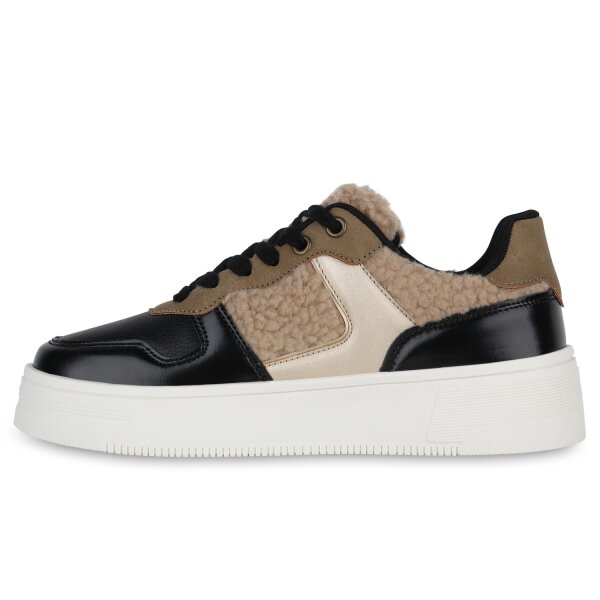 Stiefelparadies Damen Plateau Sneaker in Schwarz Beige Gold Metallic Fabrikpreis
