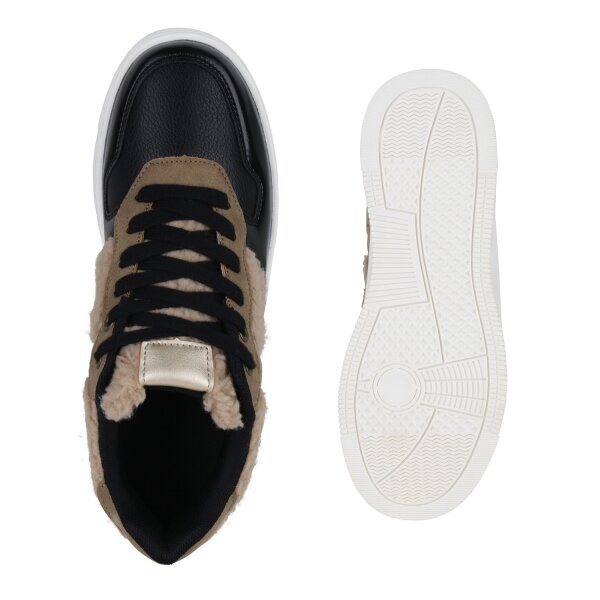 Stiefelparadies Damen Plateau Sneaker in Schwarz Beige Gold Metallic Fabrikpreis