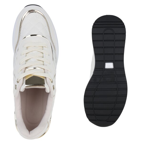 Stiefelparadies Damen Sneaker Wedges in Creme Gold Metallic Valentinstagsangebot