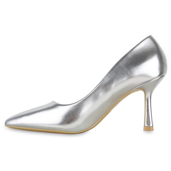 Stiefelparadies Damen Spitze Pumps in Silber Neueste Mode
