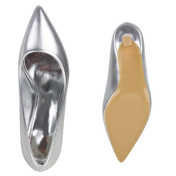 Stiefelparadies Damen Spitze Pumps in Silber Neueste Mode