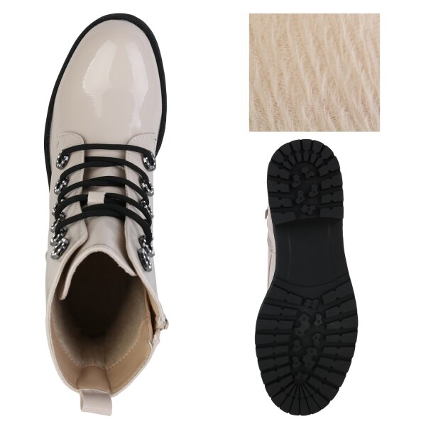 Stiefelparadies Damen Schnürstiefeletten in Beige Lack 2025