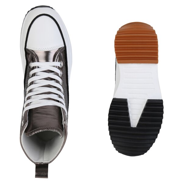 Stiefelparadies Damen Plateau Sneaker in Grau Metallic Sonderangebot