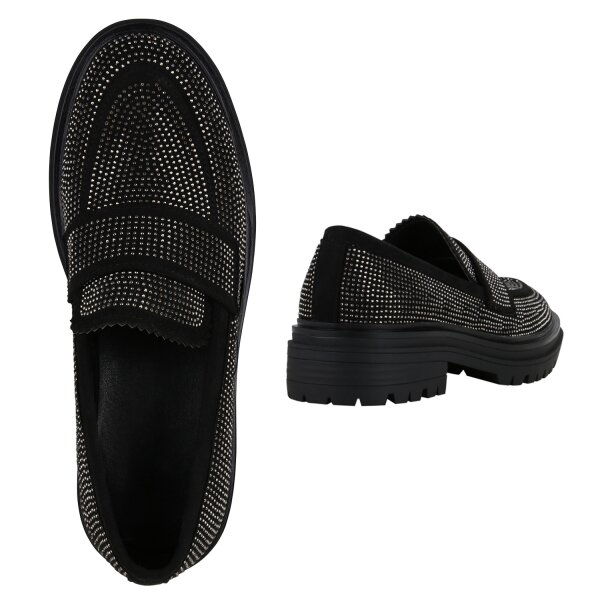 Stiefelparadies Damen Klassische Slippers in Schwarz Velours Exklusivangebot