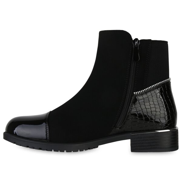 Stiefelparadies Damen Klassische Stiefeletten in Schwarz Kroko Lack Heißer Verkauf