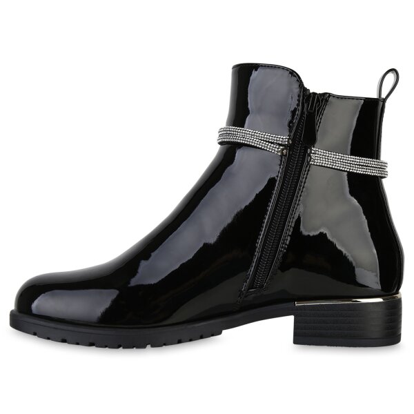 Stiefelparadies Damen Klassische Stiefeletten in Schwarz PU Lack Neueste Mode
