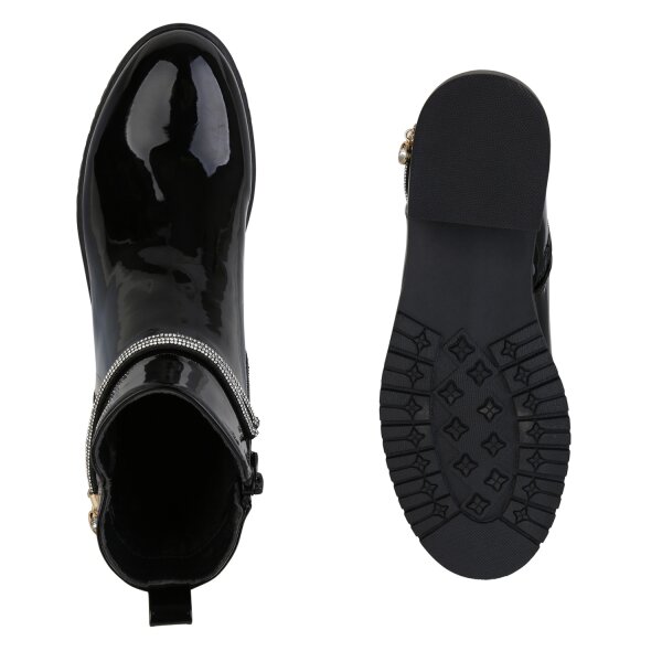Stiefelparadies Damen Klassische Stiefeletten in Schwarz PU Lack Neueste Mode