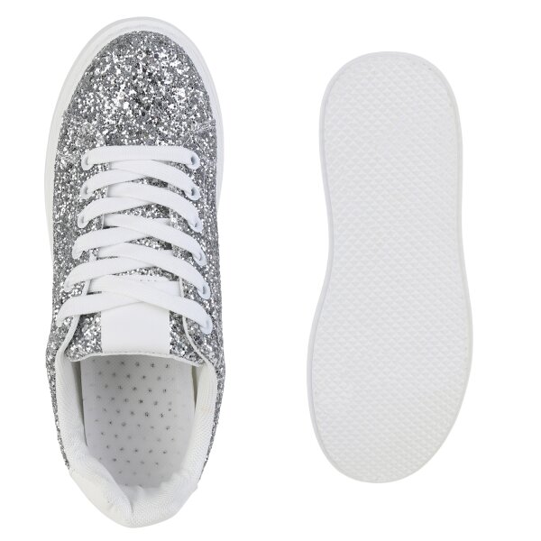 Stiefelparadies Damen Plateau Sneaker in Silber Zeitlich begrenztes Angebot