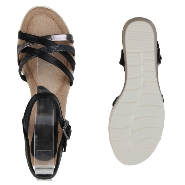 Stiefelparadies Damen Keilsandaletten in Schwarz Silber Metallic Flash Sale