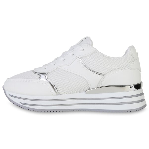Stiefelparadies Damen Plateau Sneaker in Weiss Silber Metallic Sonderangebote