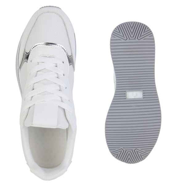 Stiefelparadies Damen Plateau Sneaker in Weiss Silber Metallic Sonderangebote