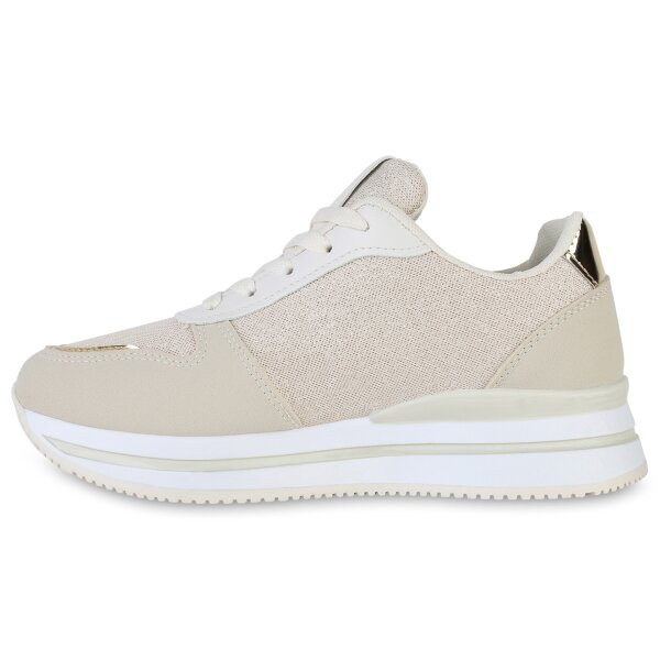 Stiefelparadies Damen Plateau Sneaker in Beige Gold Metallic Vierteljährliche Förderung