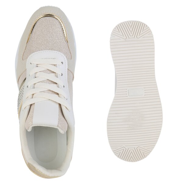 Stiefelparadies Damen Plateau Sneaker in Beige Gold Metallic Vierteljährliche Förderung