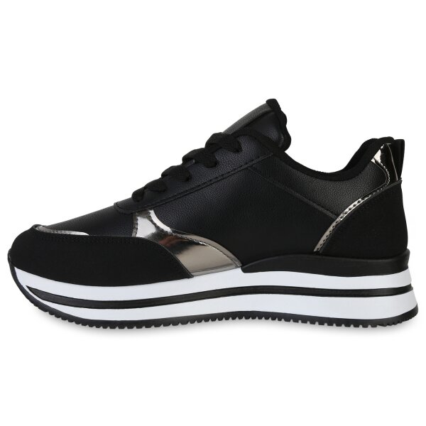 Stiefelparadies Damen Plateau Sneaker in Schwarz Silber Metallic Bis zu 55% Rabatt