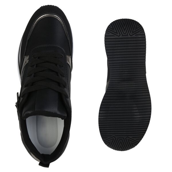 Stiefelparadies Damen Plateau Sneaker in Schwarz Silber Metallic Bis zu 55% Rabatt
